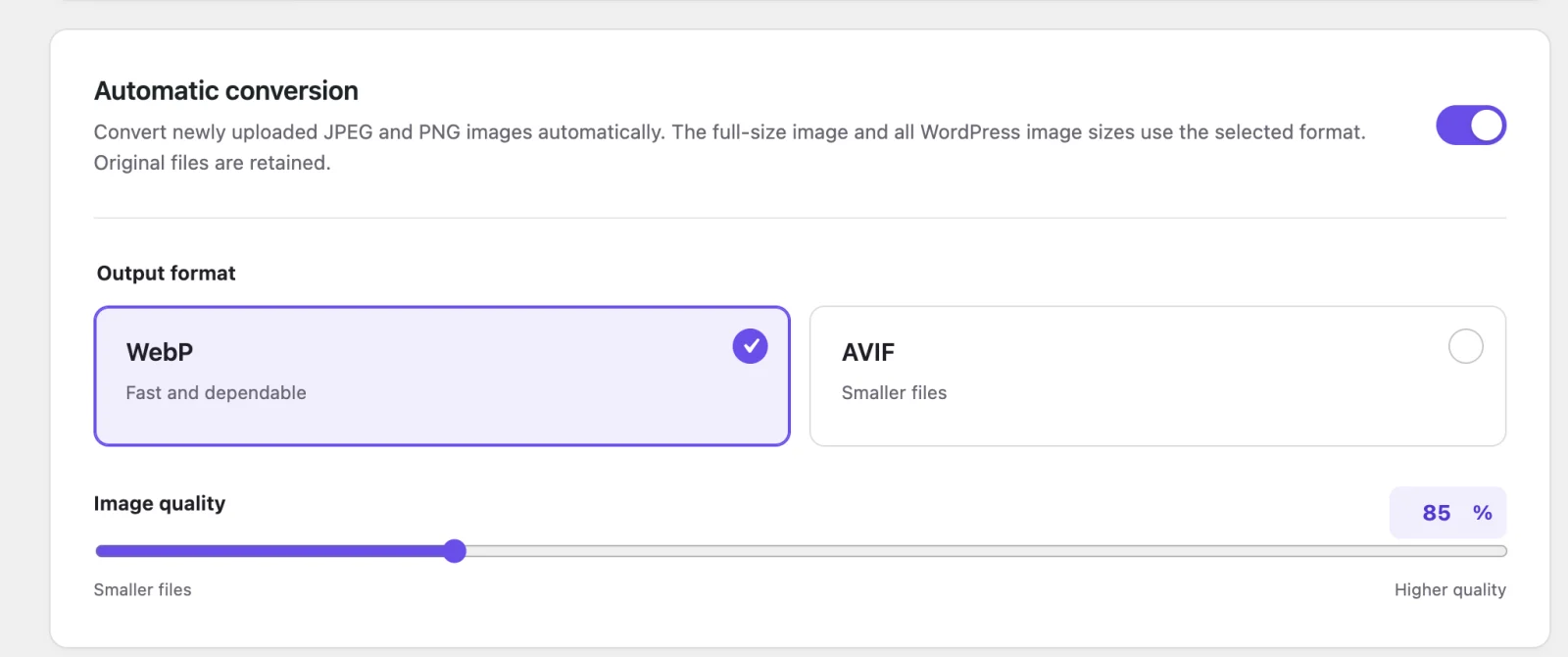 hpb Image Optimization settings for automatic WebP and AVIF conversion in WordPress